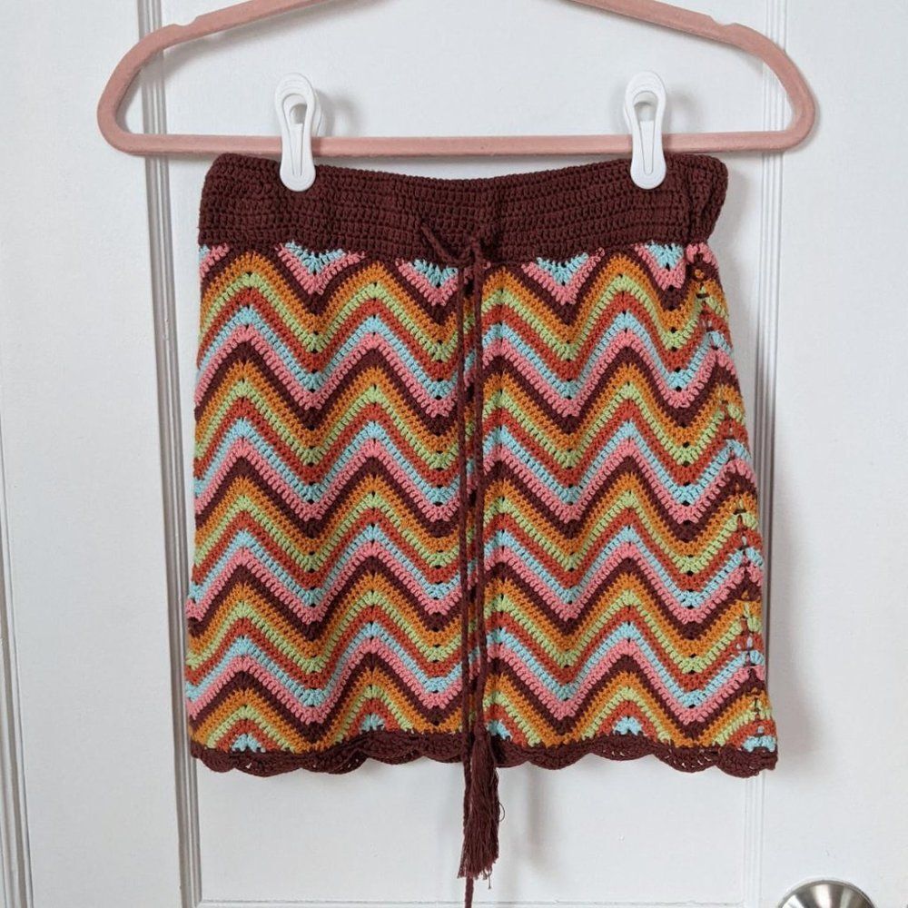 Forever 21 | Multicolor Chevron Crochet Mini Skirt Boho Tassel Size XS
